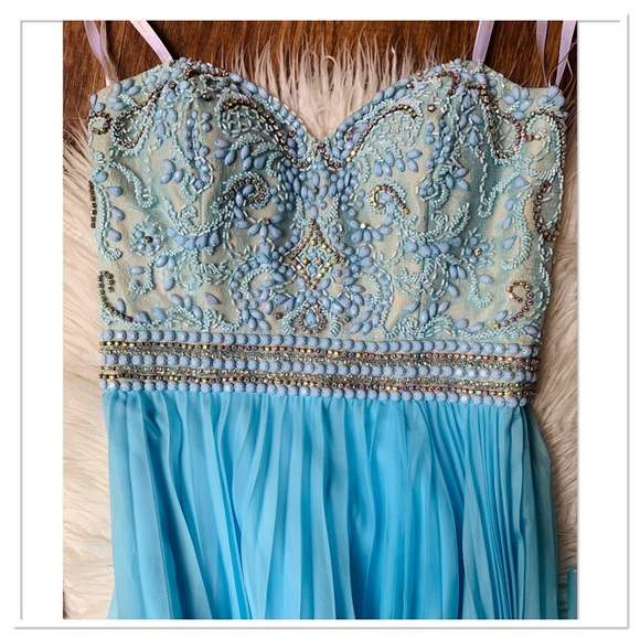 Cassandra Stone Evening Gown Beaded Jewel Bodice Pleated Long Dress Blue Size 4 - Picture 10 of 15